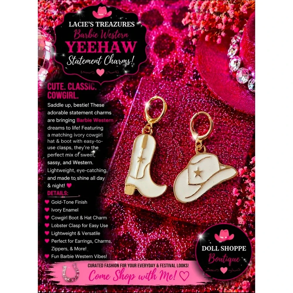 Western Ivory Cowgirl Earring Charm Set | Gold Tone Hat & Boot Clip-On Charms
